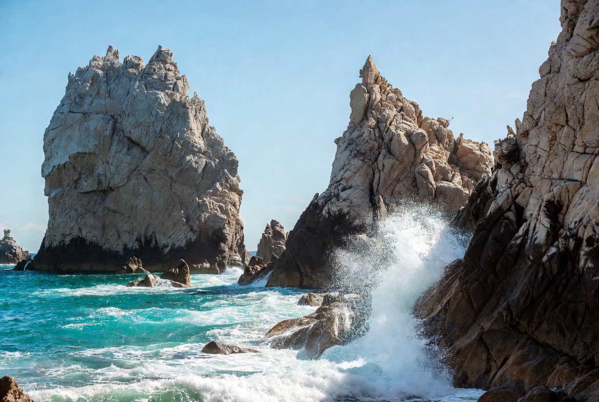 Cabo waves crashing against rock formations